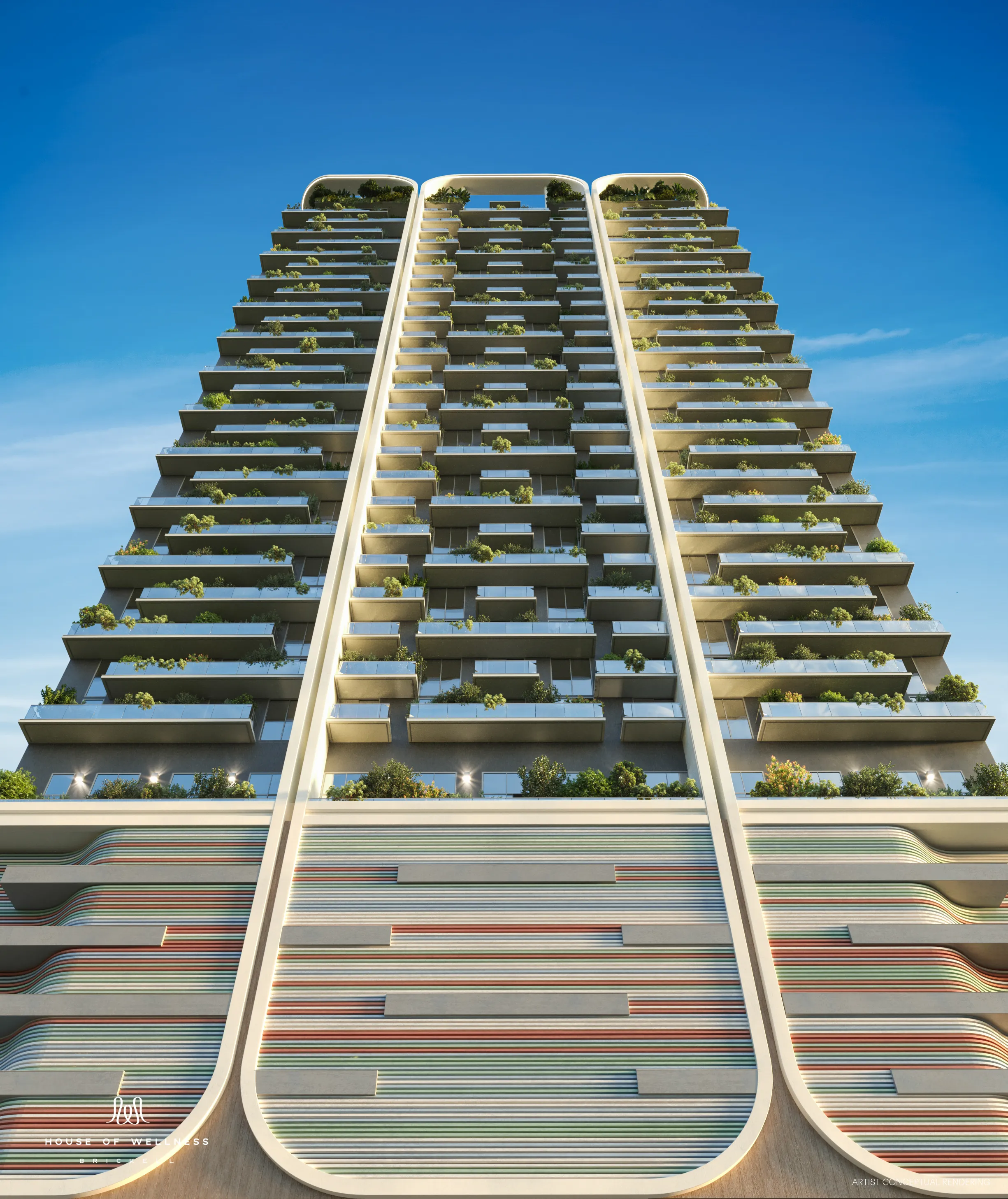 Ground-level view of the building entrance and facade