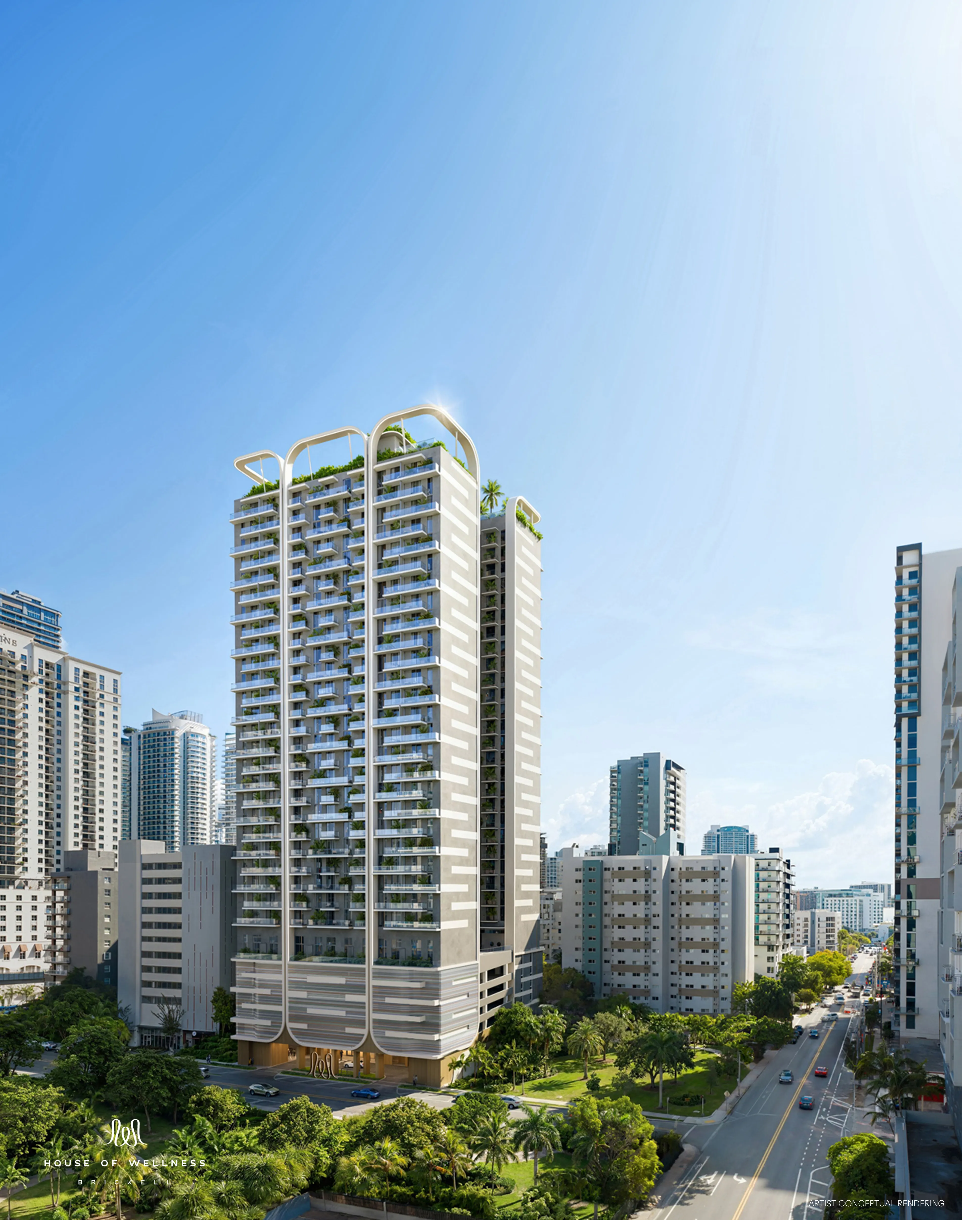 Daytime rendering of The House of Wellness tower in Brickell, Miami