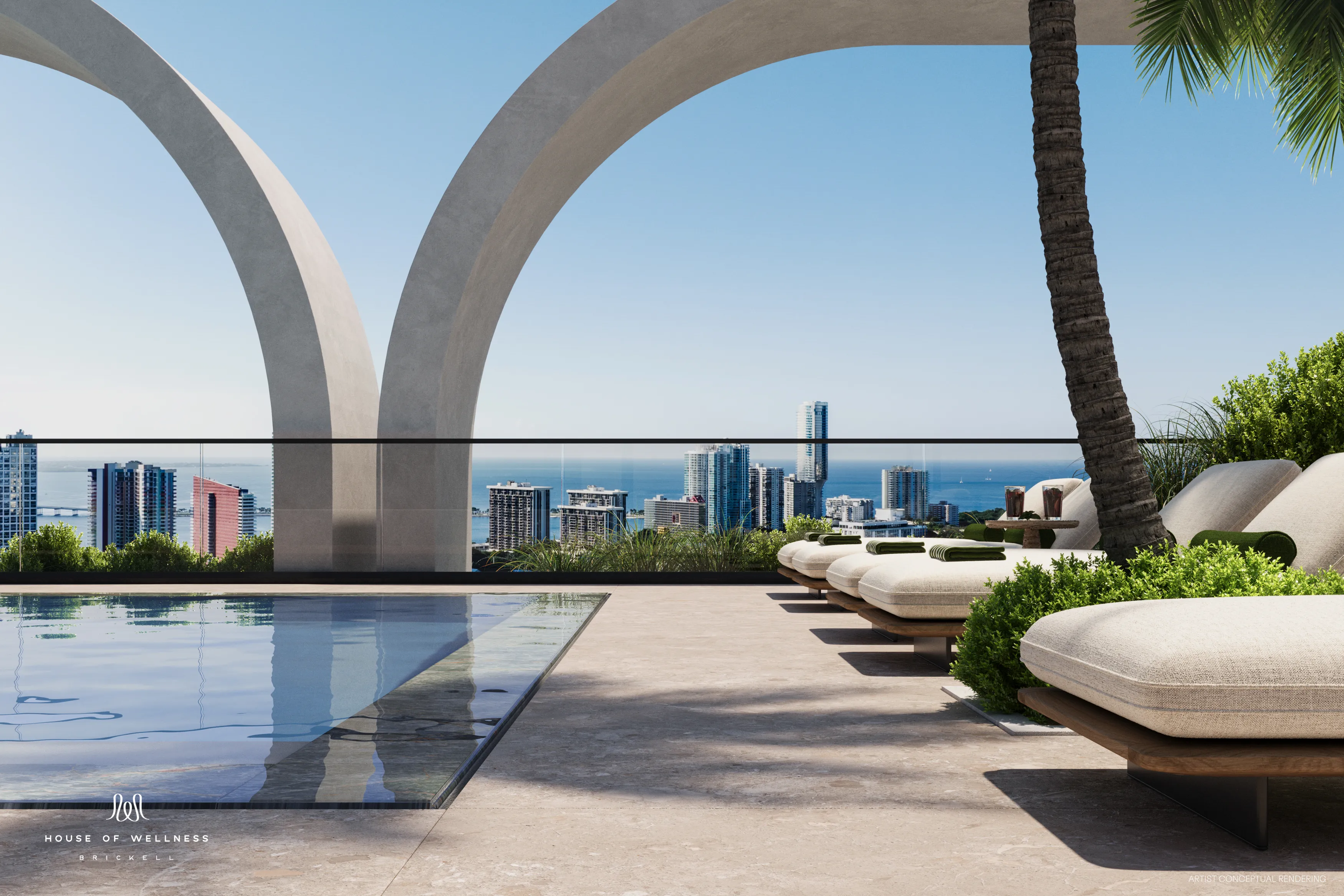 Rooftop pool deck with panoramic views of the Miami skyline