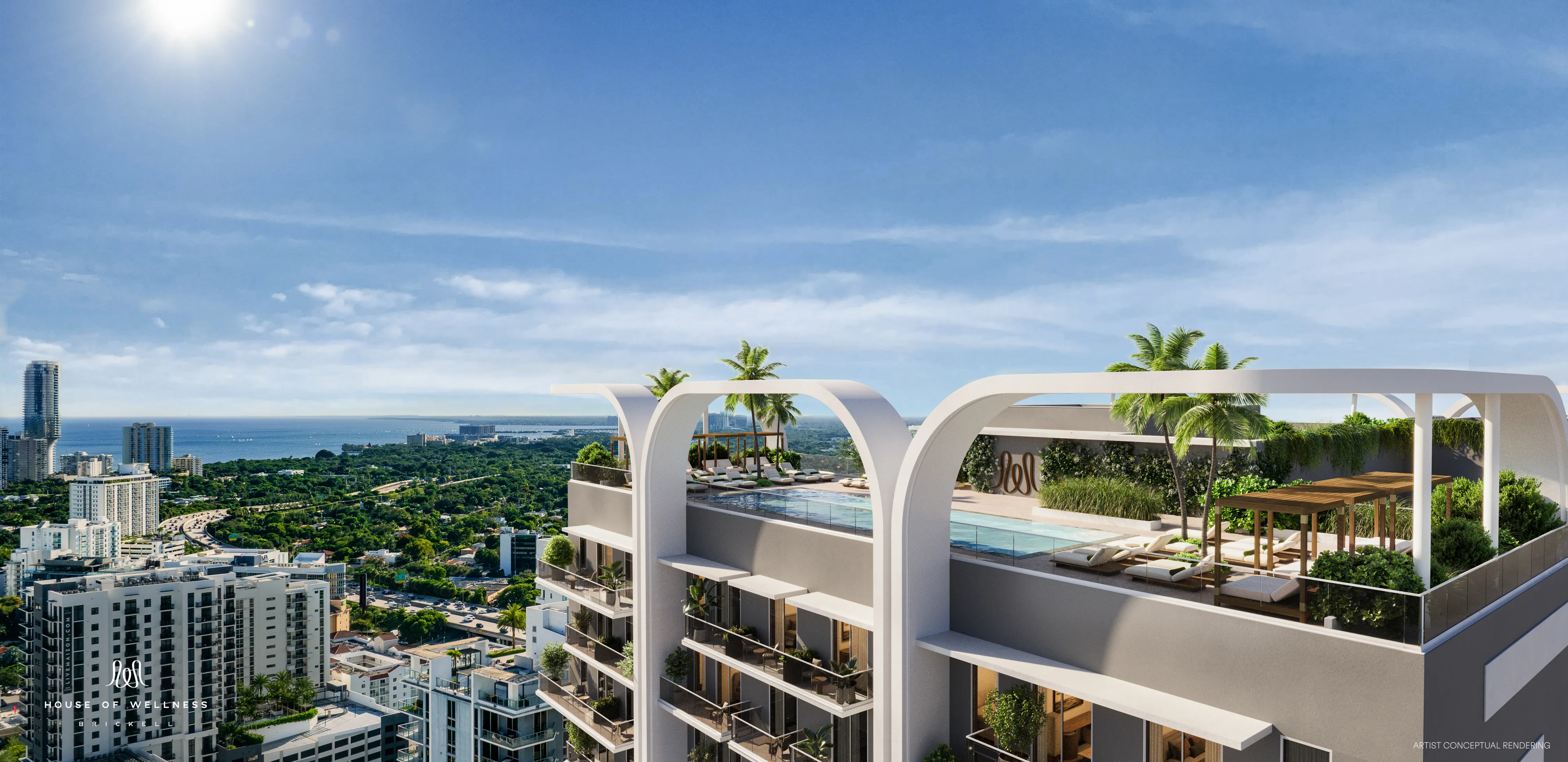 Rooftop terrace with daytime views over Biscayne Bay
